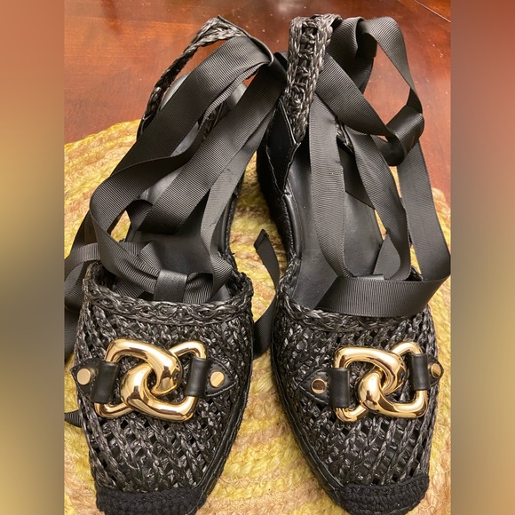 NWOT black raffia espadrille wedges. Gold hardware and wrap around ankle ribbon - Picture 4 of 4